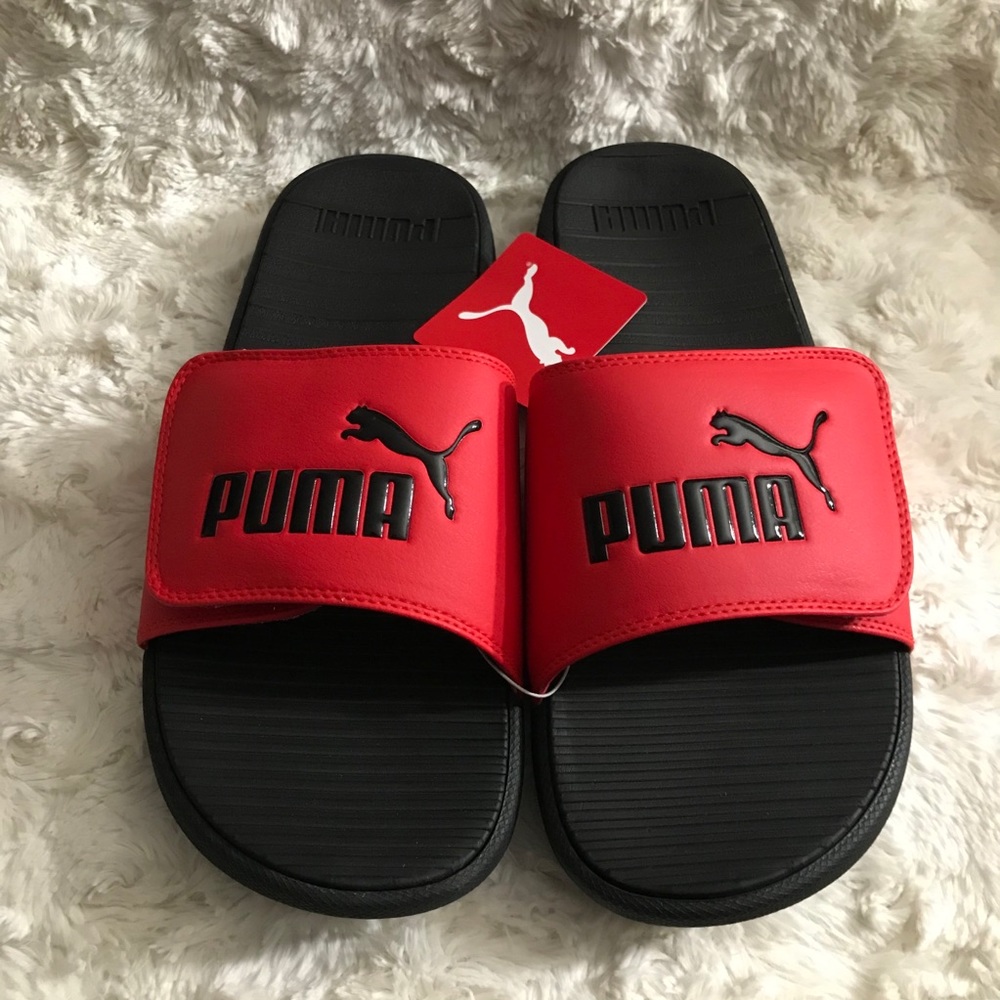 PUMA Cool Cat Slides Black Red Black Logo